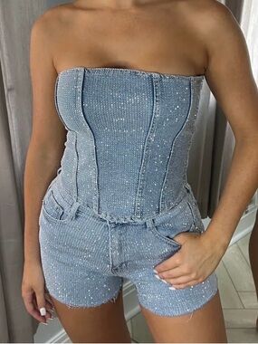 Strapless Light Blue Rhinestone Denim Corset and denim short set